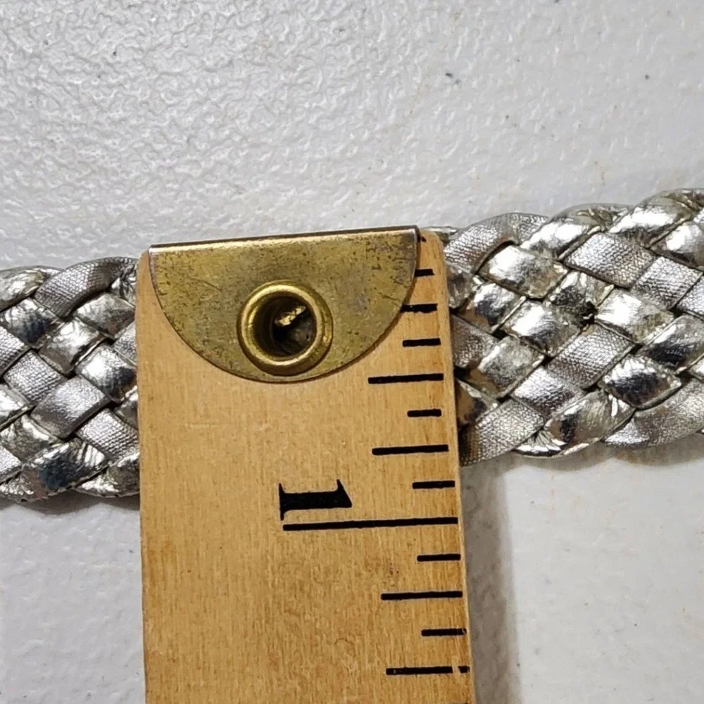 Silver Metallic Braided Woven Belt XL Adjustable Square Buckle Metal Tip Boho